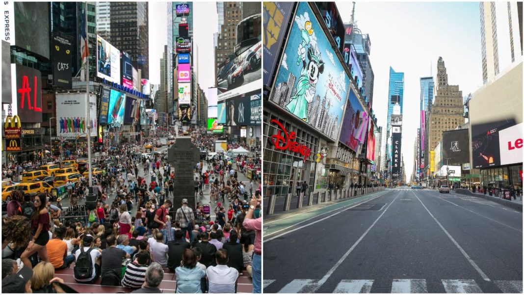 new york city times square before and after coronavirus